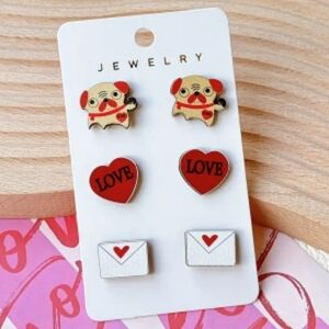 3 pair of cute valentines wooden earrings